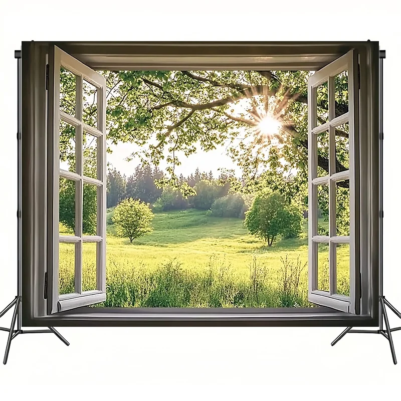 Fondo de fotografía de ventana francesa con paisaje de bosque verde esmeralda, pancarta de fiesta navideña de primavera, decoración de habitación interior/exterior
