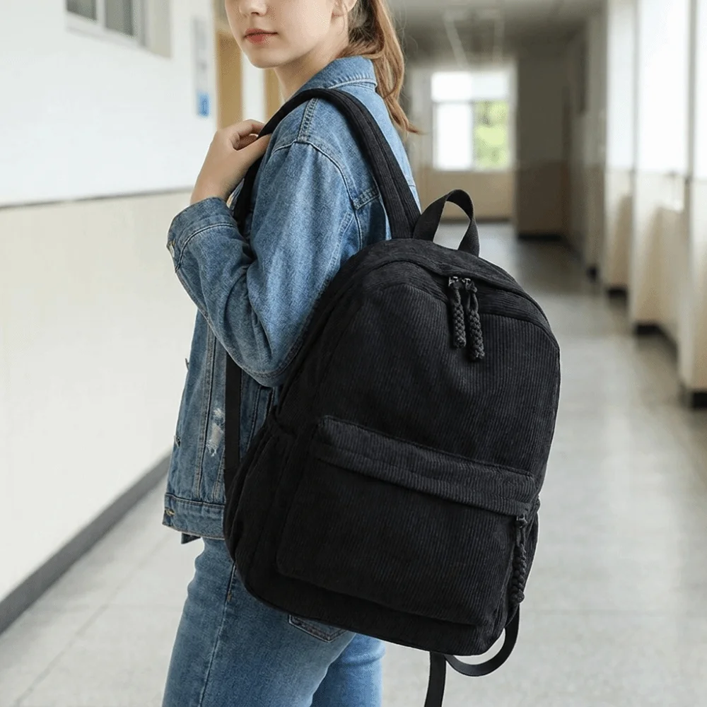 Lightweight Corduroy Backpack Solid Color Large Capacity Students School Bag Adjustable Shoulder Straps Portable