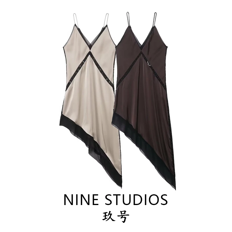 Ele Satin Asymmetrical Midi Strapl Dr Long Gown for Women High Waist H Version Casual Wear No Sve Slim Fit V Ne