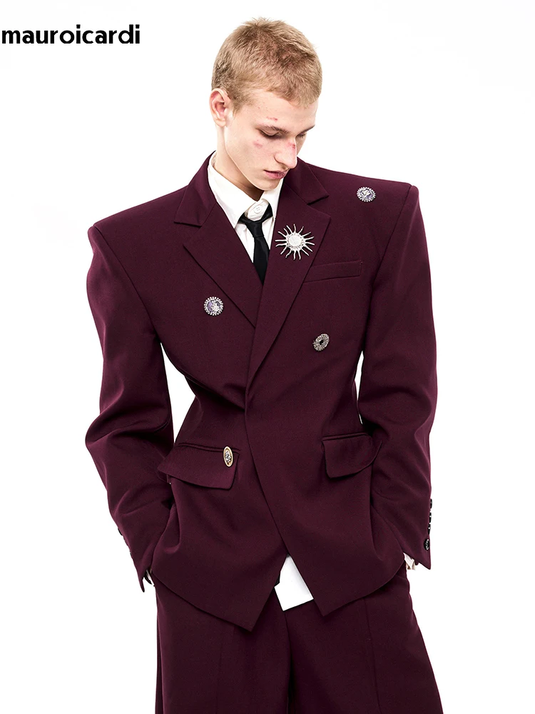 

Mauroicardi Spring Autumn Black Fitted Blazers for Men Metal Brooch Shoulder Pads Single Button Elegant Luxury Designer Clothes