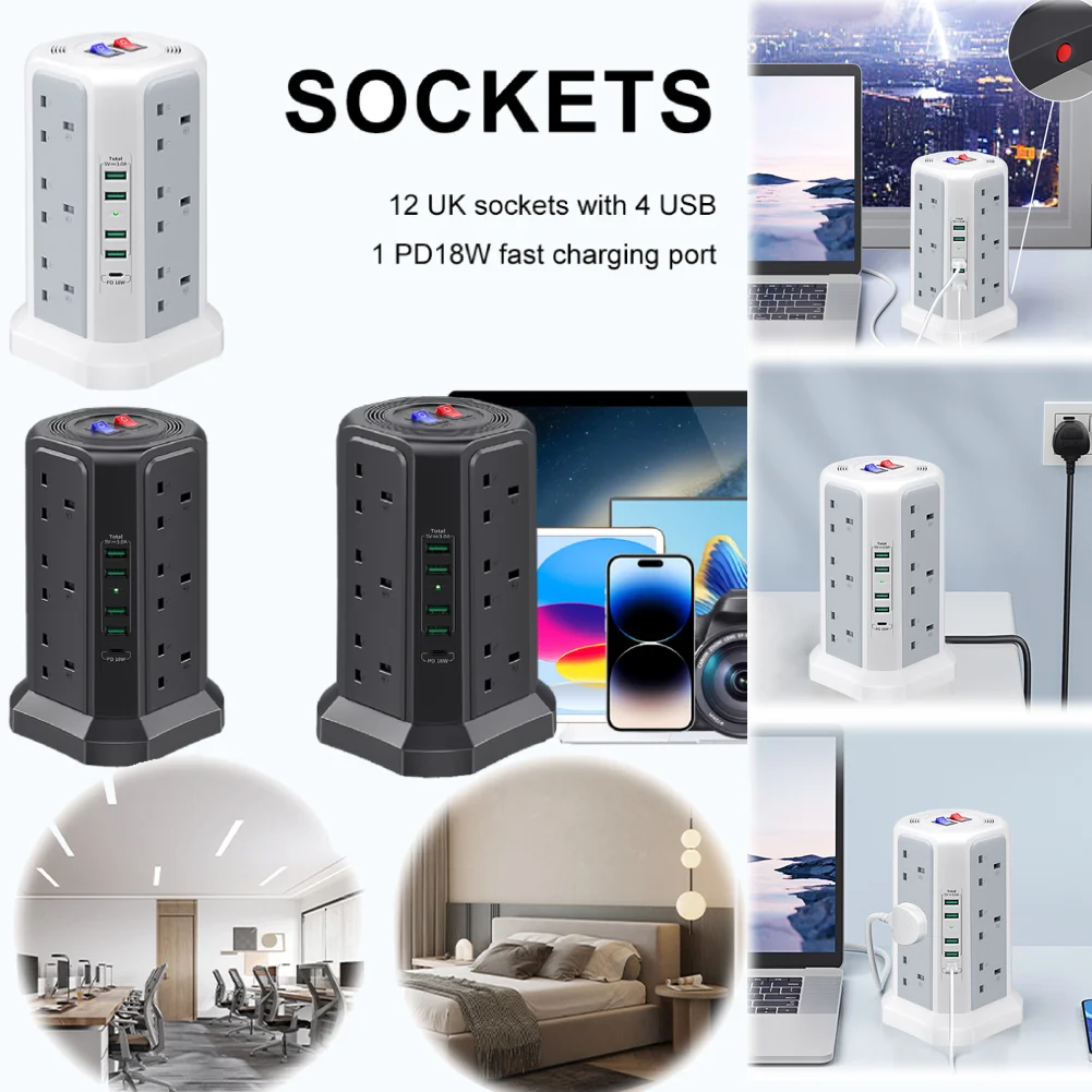 13A 3250W Tower Power Strip PD18W Fast Charging USB Slots Multi Plug Socket Power Strip 5 USB Ports and 12 Way Tower Power Strip