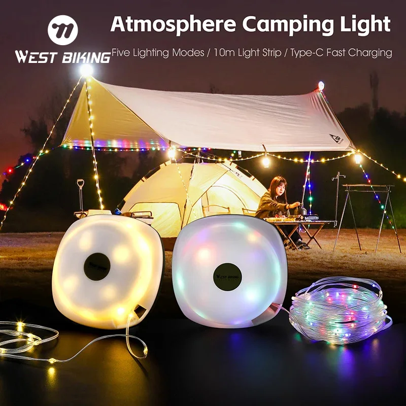 WEST BIKING Portable Camping Lamp Rechargeable Colorful IP67 Waterproof LED Light String Tent Garden Hang Decorative Lights