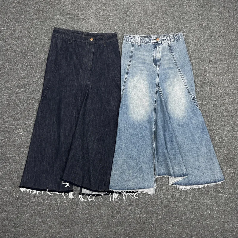 

Irregular Frayed Denim Midi Skirt For Women, New Spring/Summer 2026 Style, High-Waisted Fishtail Midi Skirt