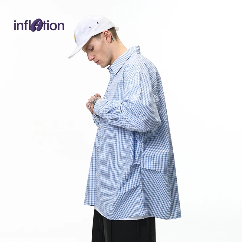 

Инфляция, мужская плиссированная рубашка в клетку, осень 202, уличная одежда, повседневная хлопковая верхняя рубашка, топ с длинными рукавами и морщинистой текстурой