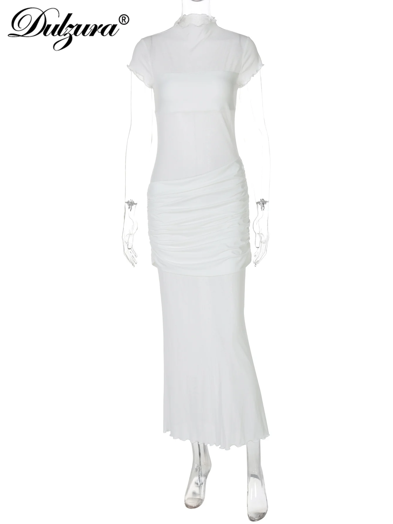 Dulzura O-Collo Senza Maniche Aderente Increspato Spacco Laterale Sheer Mesh Maxi Abito Solido Sexy Casual Dress Party Club Street Summer Outfit