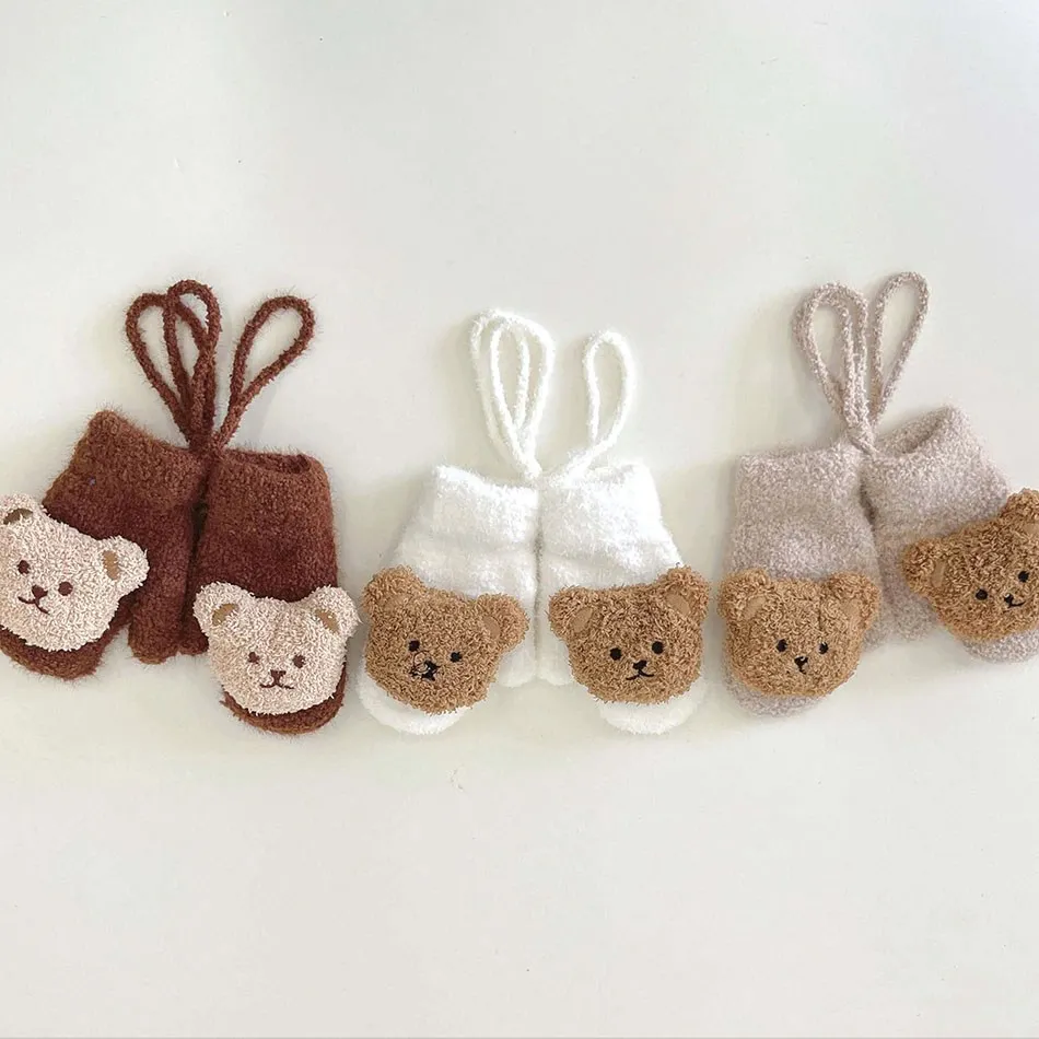 

Winter Cute Cartoon Bear Mittens For Baby Boy Girl Warm Coral Fleece Gloves Kid Toddler Thick Full Teething Baby Mitten 1-4Years