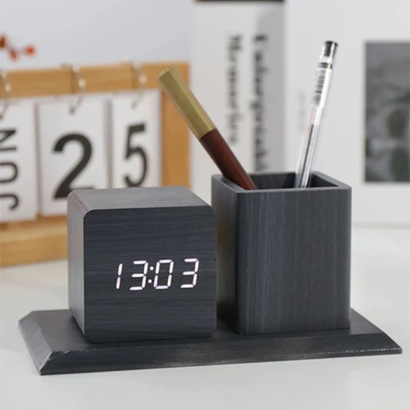 Creative Wooden Desk Pen Holder Clock Alarm Clock for Kids Students Bedroom Study Office Decor Office and Study Supplies