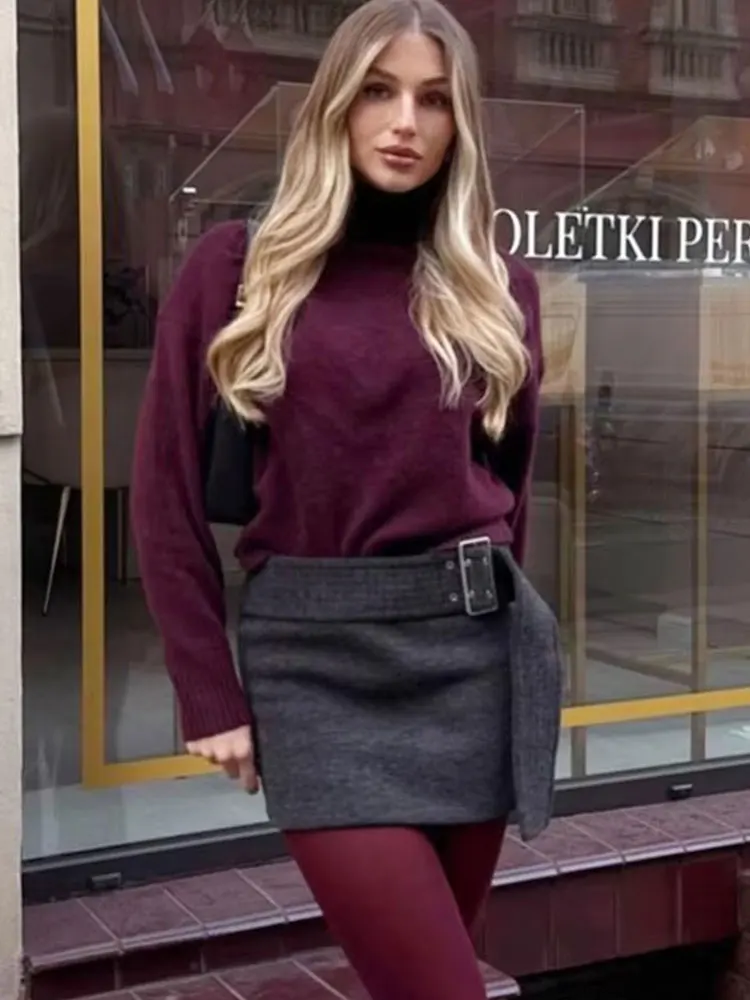 HH Women Elegant Burgundy Knitted Pullover Sweater Casual Long Sleeve Turtleneck Sweaters Autumn Female Warm Outerwear Top