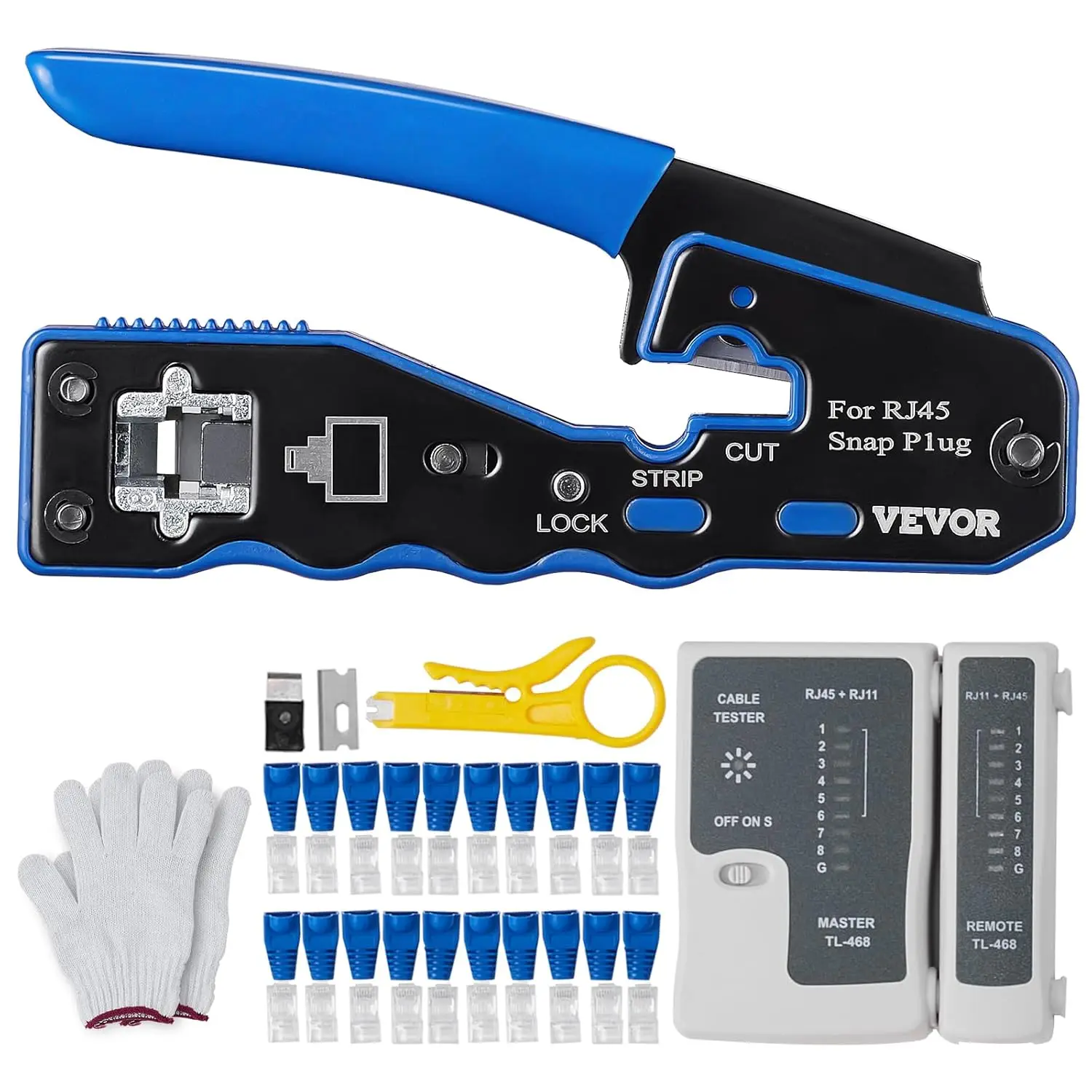 RJ45 Crimp Tool Kit,Cat5e/Cat6/Cat6a Pass Through Ethernet Crimper for 8P8C Modular Plugs with 20pcs Connectors and 20pcs Covers