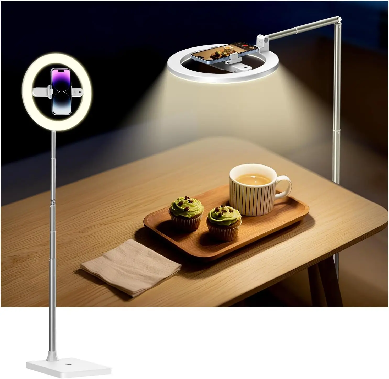 

Крепление для телефона на потолок 68,5 дюймов с кольцевой подсветкой, перезаряжаемое, 3000 мАч, 360° ° Поворотный механизм для видеозаписи и прямой трансляции