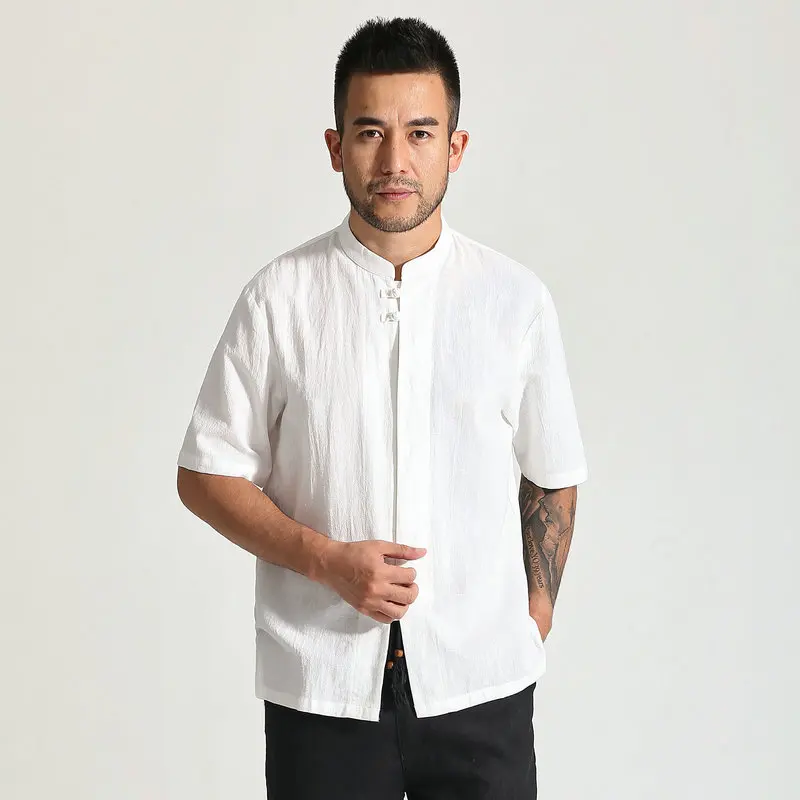 Chinese Vintage Style Men Linen Shirts White Black Blue Short Sleeve Tops Mandarin Collar Shirt Male Leisure Cosy Clothes 2024