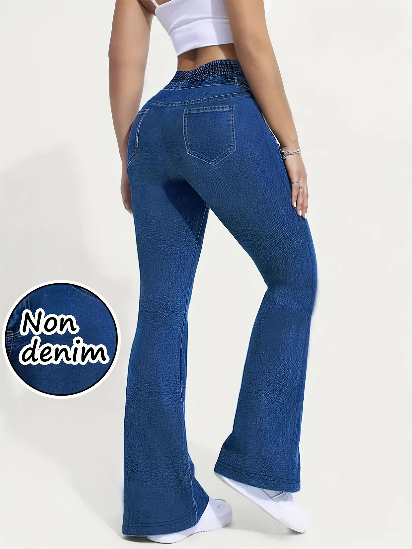 High-Waist Elastic Bell Bottoms Denim Look Sports Yoga Pants Fitness Casual Two-Way Wear Breathable Soft Bare Skin Sensation
