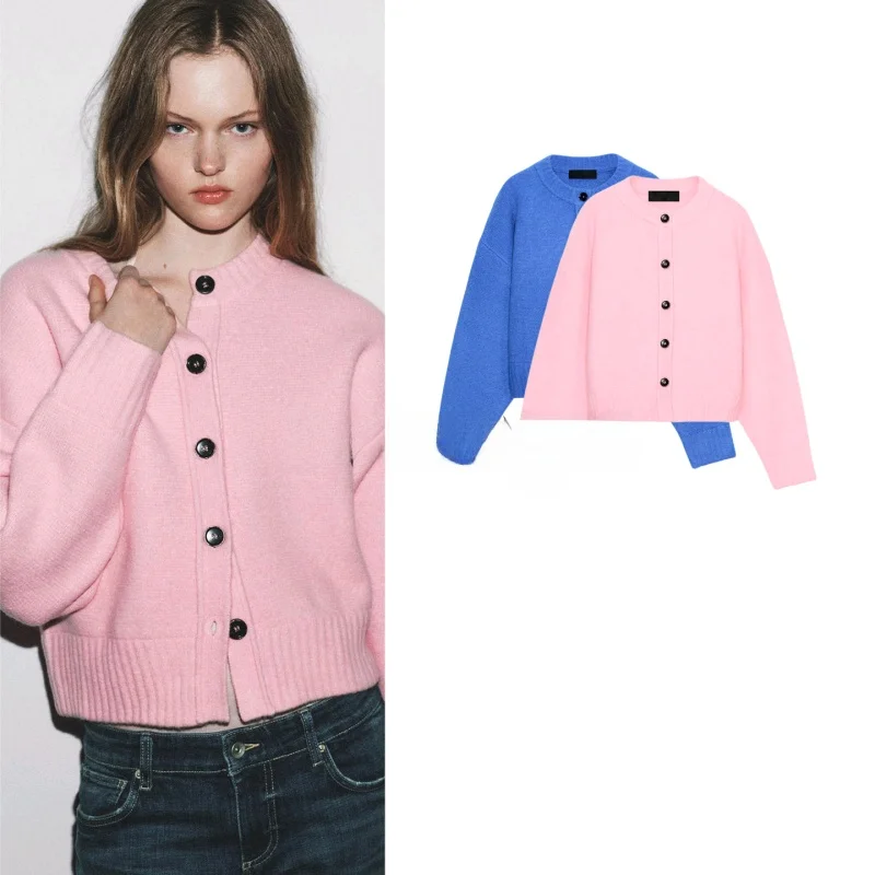 

Spring New Arrival Women's Lazy Style Single Button Long Sleeve round Neck Soft Knitted Open Cardigan Outerwear 2142042
