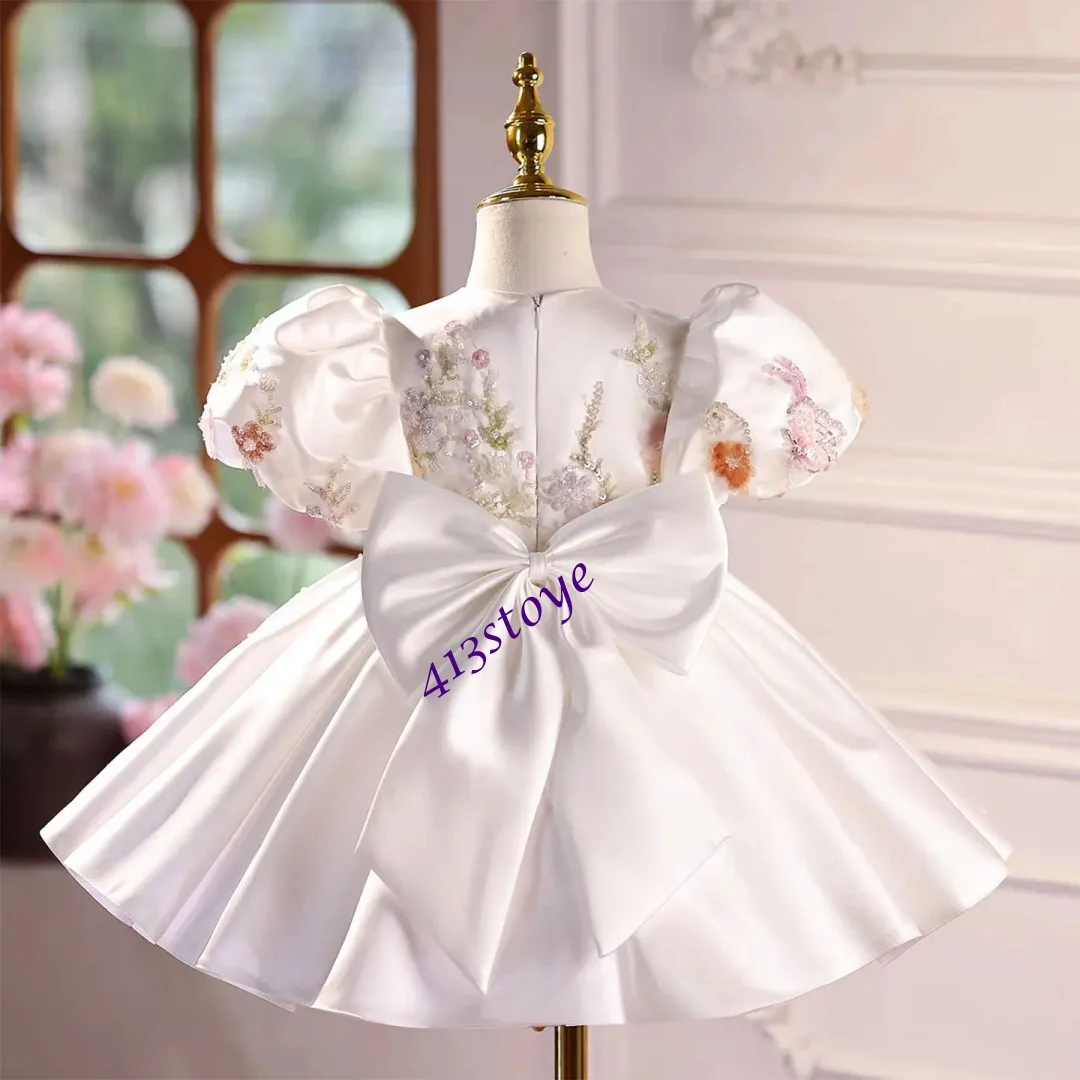 Personalizado elegante branco apliques vestido da menina de flor laço arco princesa crianças casamento 1st aniversário pageant festa baile vestido