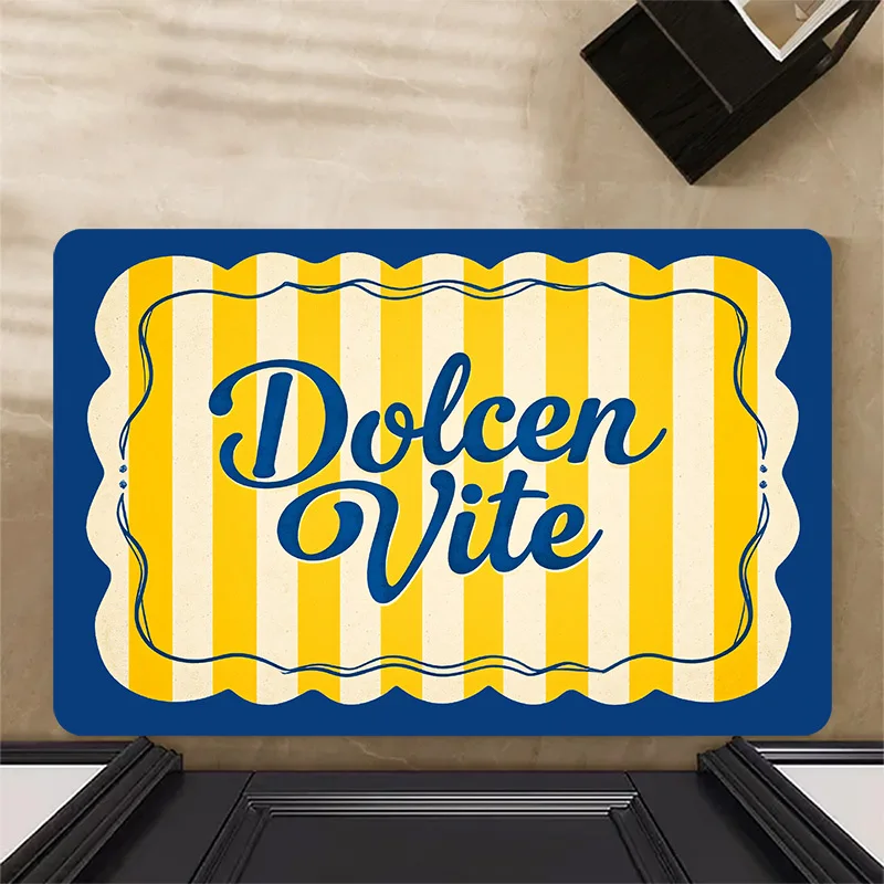 Dolce Vita Vintage Doormat Retro Yellow Blue Striped Dolce Vita Text Non Slip Floor Mat for Classic Italian Home Style