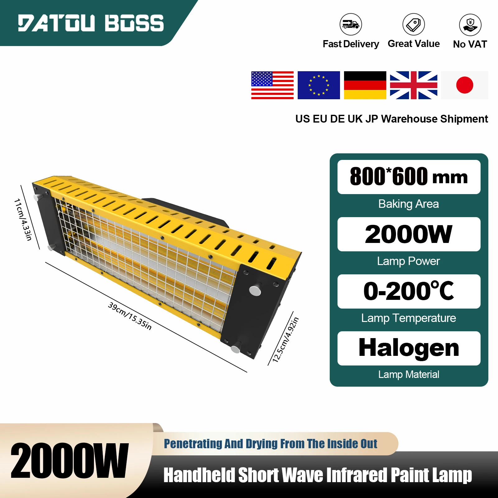 DATOUBOSS Lampada portatile per polimerizzazione a infrarossi da 2000 W Lampada da forno per vernice Lampada per asciugatura a infrarossi a onde corte Strumento di riparazione per carrozzeria