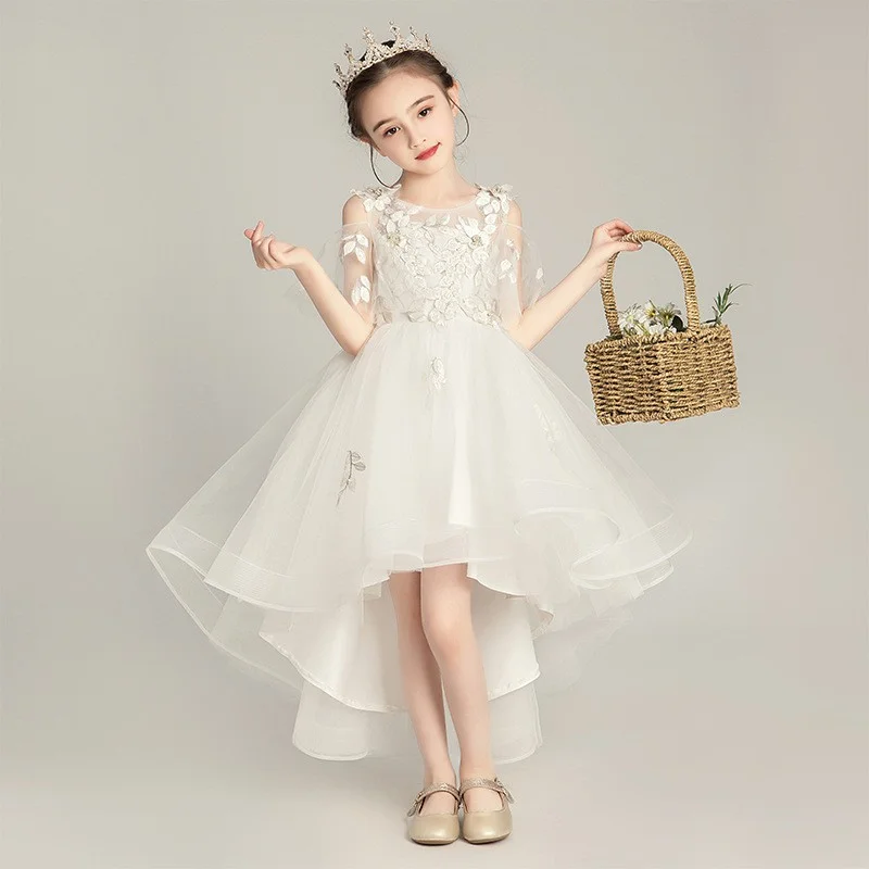 New Princess Dress for Girls Flower Girl White Wedding Dress Children's Hostess Evening Gown Little Girl Piano Performance Dress