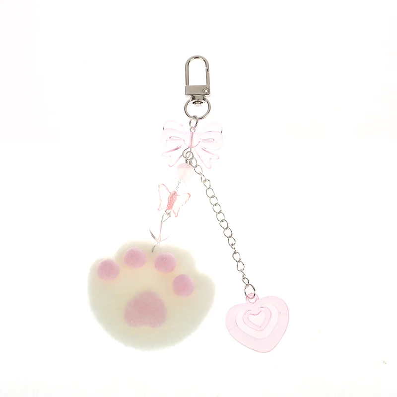 Bag Pendant Y2K Cute Pink Plush Cat Claws Keychain Love Heart Keyring Sweet Girly Key Holder For Girls Earphone Case Charm