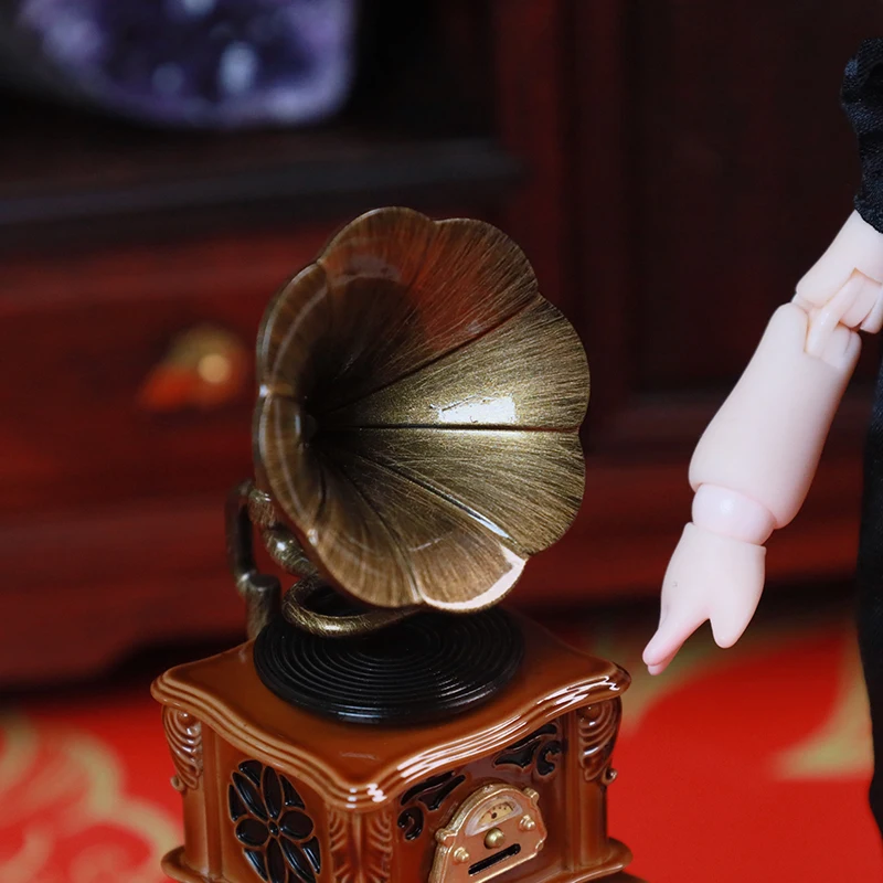 Poppenhuis miniatuur retro grammofoon met muziek mini fonograaf record simulatie grammofoon handwerk thuis model speelgoed decor