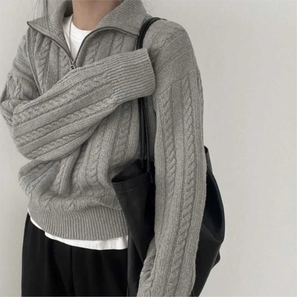 

Retro Twist Pullover Sweater For Women Autumn Winter New Korean Style Zipper Casual Long-sleeved Pullover Top Свитер Женский