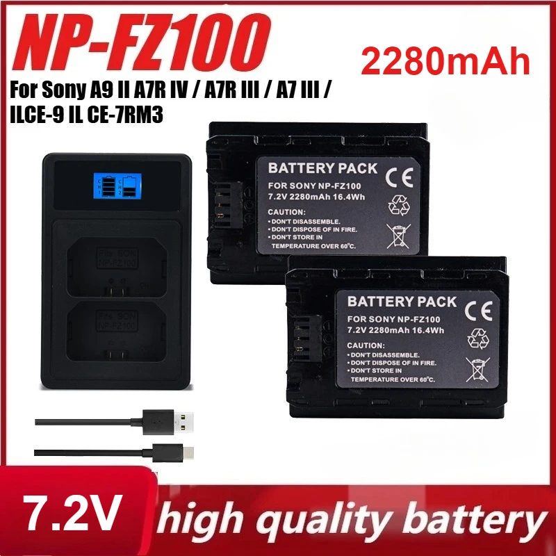 2280mAh NP-FZ100 NPFZ100 NP FZ100 Battery + LED Dual USB Charger for Sony NP-FZ100 BC-QZ1 Sony A9 A7R III A7 III A6600