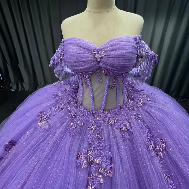 

Customized Shiny Purple Quinceanera Dresses Off the Shoulder Tull crystal sequin applique Lace ruffle Long tail Vestido 15 Quinc