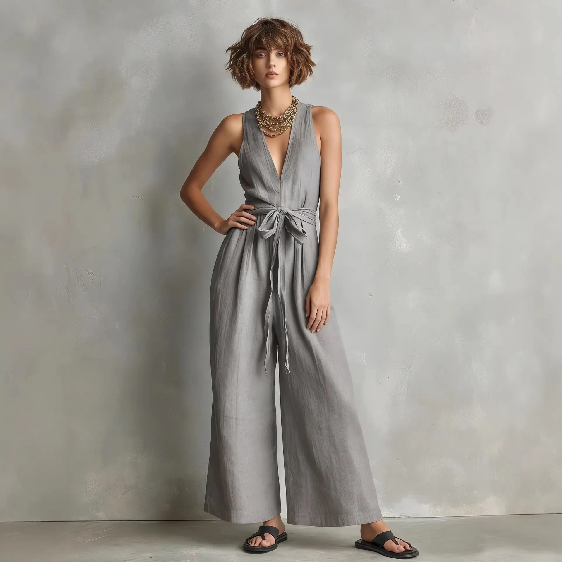 

European and American new style linen women's clothing, elegant commuting sleeveless V-neck jumpsuit for women