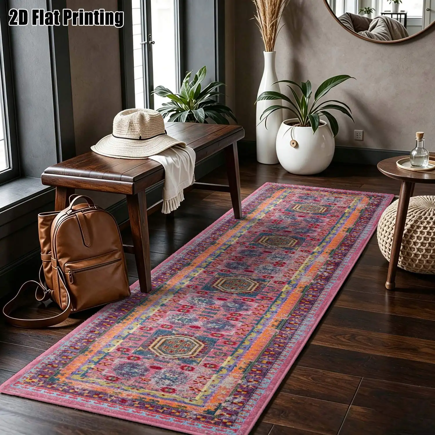 1Pc 2D Printed Long Strip Runner Rugs, Pink Geometric/European/Bohemian/Vintage Styles, Home Decor, Multi-Size, Machine Washable, for Entryway, Hallway, Living Room, Bedroom