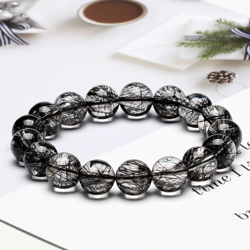 

Natural Brazilian Rutilated Single-Loop Bracelet for Men and Women, Collectible Titanium Quartz Black Crystal Brace