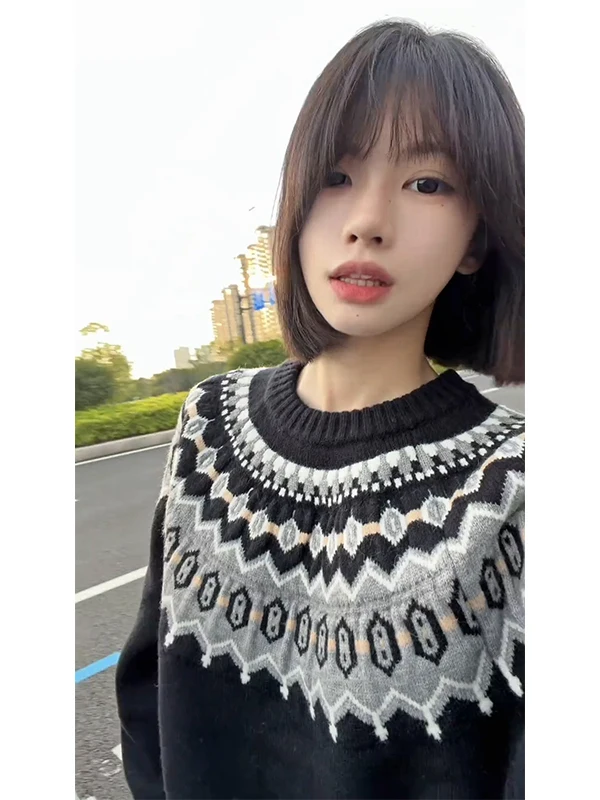 

Thiened круглый вязаный свитер Ne, мужской осенне-зимний теплый базовый слой, этнический цветной воротник, ленивый верхний цветок, па...