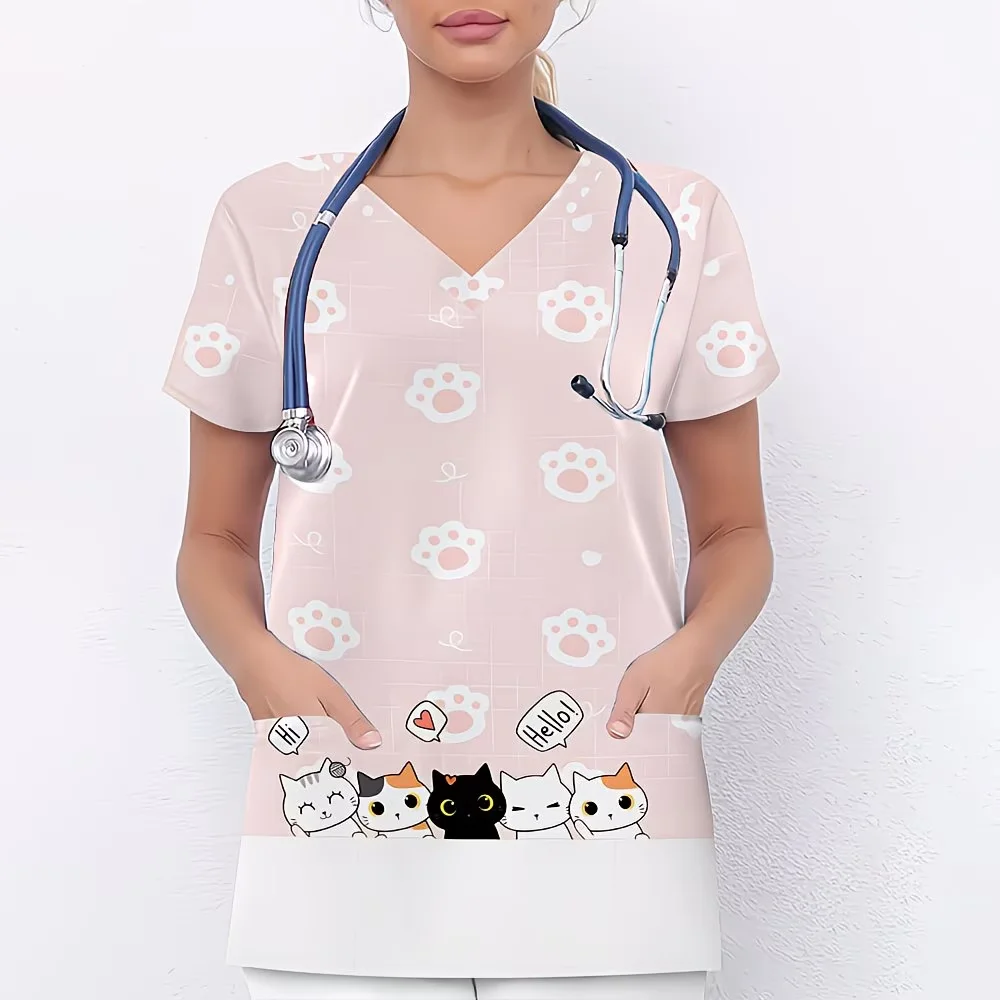 

Surgical Uniform Woman Cute Cat Pattern Print V-Neck Short Sleeve Nurse Uniform Top Comfortable with Pockets Vet Medical Clothes