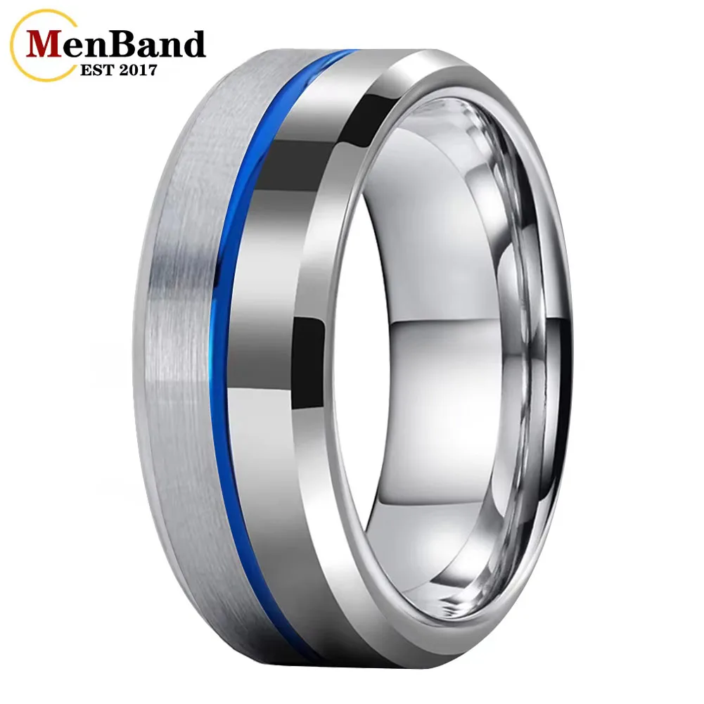

Dropshipping 6MM 8MM Classic 100% Pure Tungsten Carbide Rings Men Women Wedding Band Beveled Blue Grooved Finish Comfort Fit