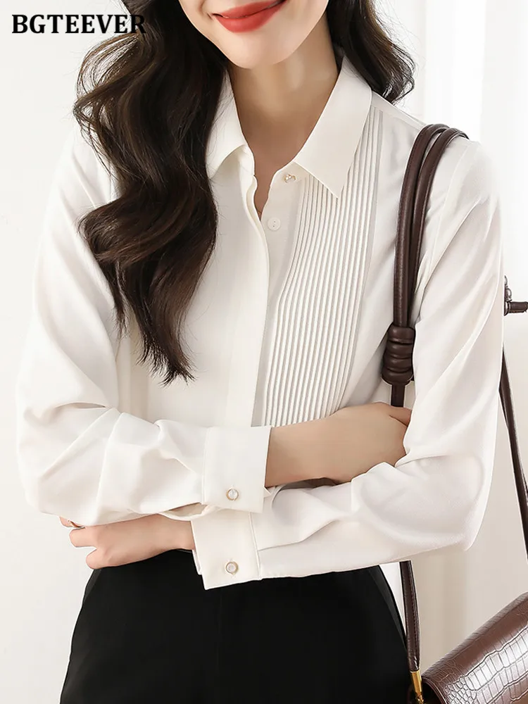 BGTEEVER Elegant Lapel Single-breasted Solid Shirts Women Long Sleeve Loose Pleated Female Blouses Spring Ladies Tops