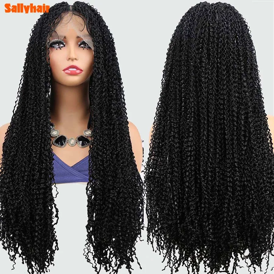 24 "Braided Wigs วิกผมสังเคราะห์ลูกไม้ด้านหน้าด้านหน้าผมเด็ก Braided Wigs กับ Curly กล่อง Braids สําหรับผู้หญิงสีดํายาววิกผมถัก