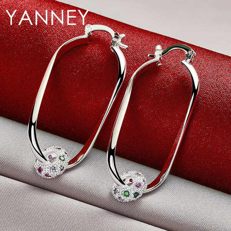 925 Sterling Silver 45MM Wykwintne kolorowe cyrkonie Kolczyki z koralików dla kobiet Urok Ślub Impreza Moda Biżuteria Prezenty Akcesoria