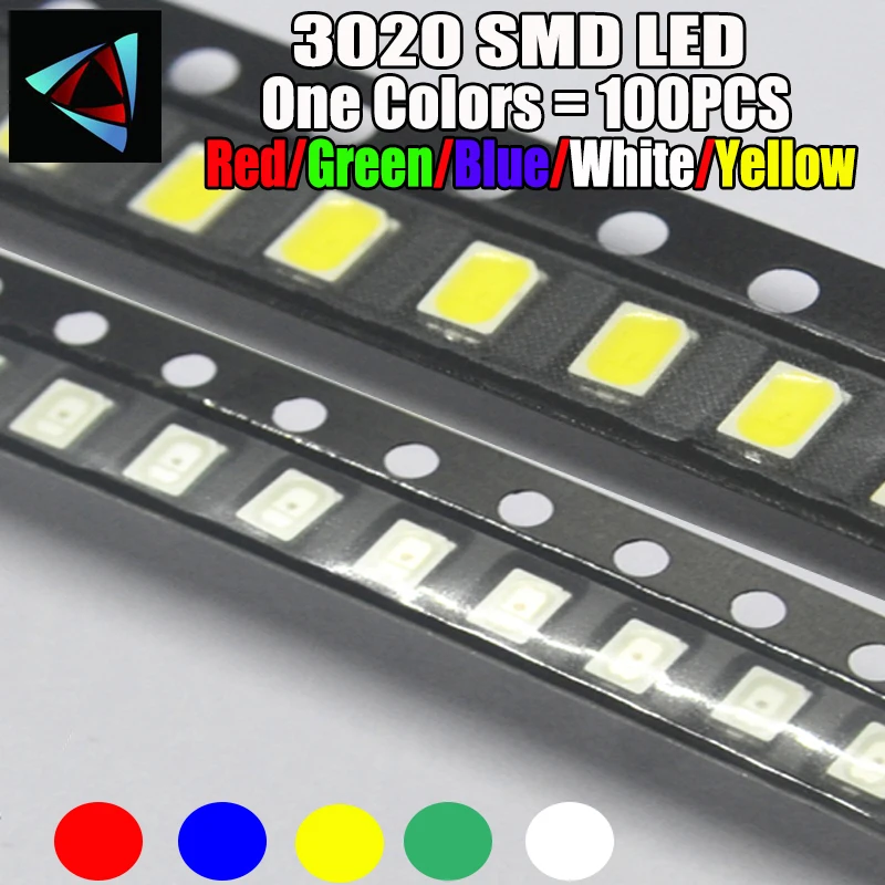 100 szt. 3020 LED SMD dioda emitująca światło smd czerwony żółty niebieski zielony biały ciepły różowy pomarańczowy zimny 3.0*2.0*1.6MM super jasny