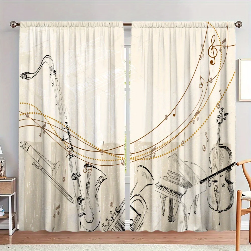 Vintage Music Note Curtains, Jazz Instrument Print Drapes, Saxophone Violin Window Treatment, Art Studio Home Decor