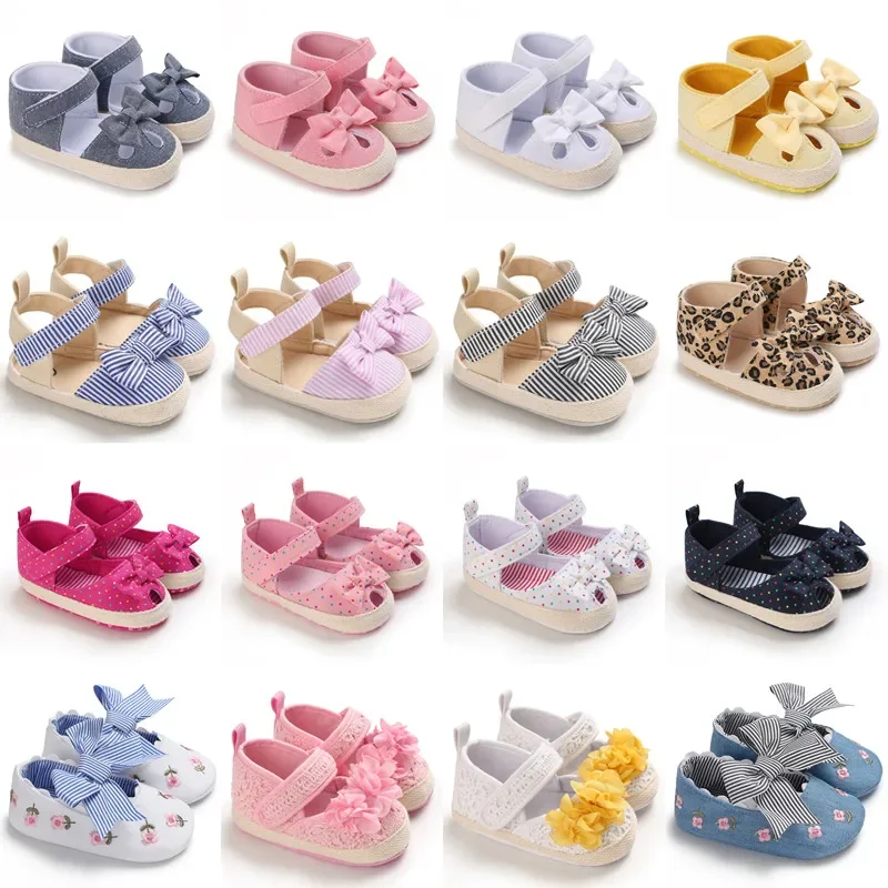 Chaussures CPull à nœud floral pour nouveau-né fille, semelle en coton, baskets princesse pour premiers marcheurs, 0-18 mois