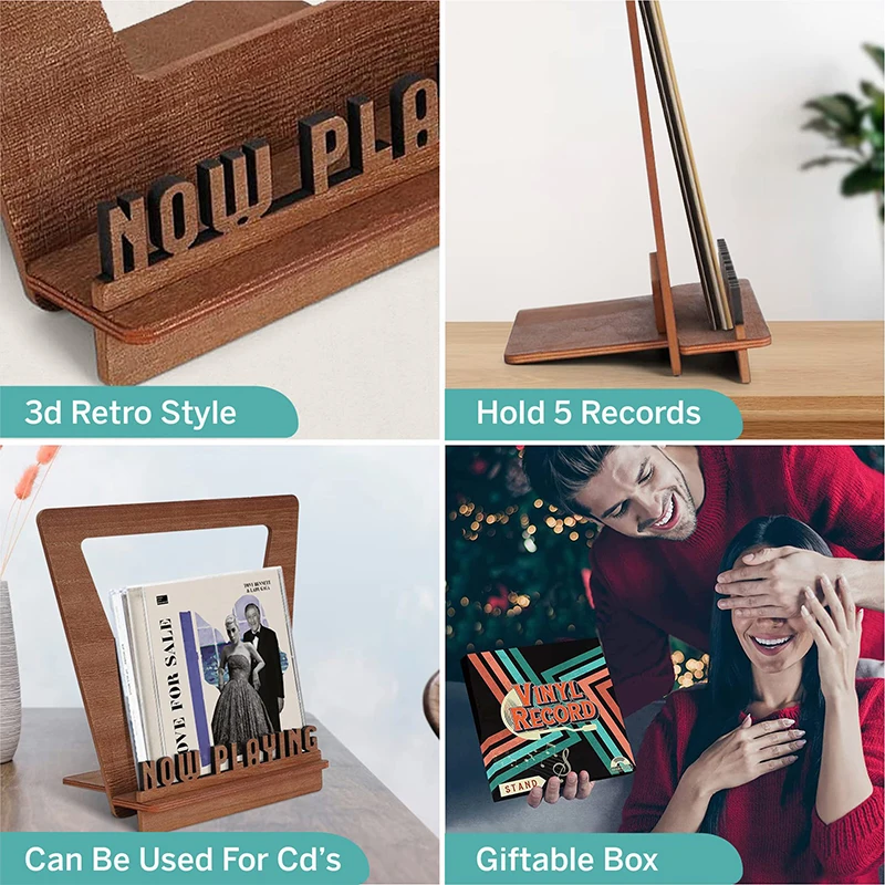 Now Playing Vinyl Record Stand 3D Retro Holder Wood Display Stand Accessories Album Storage Stand