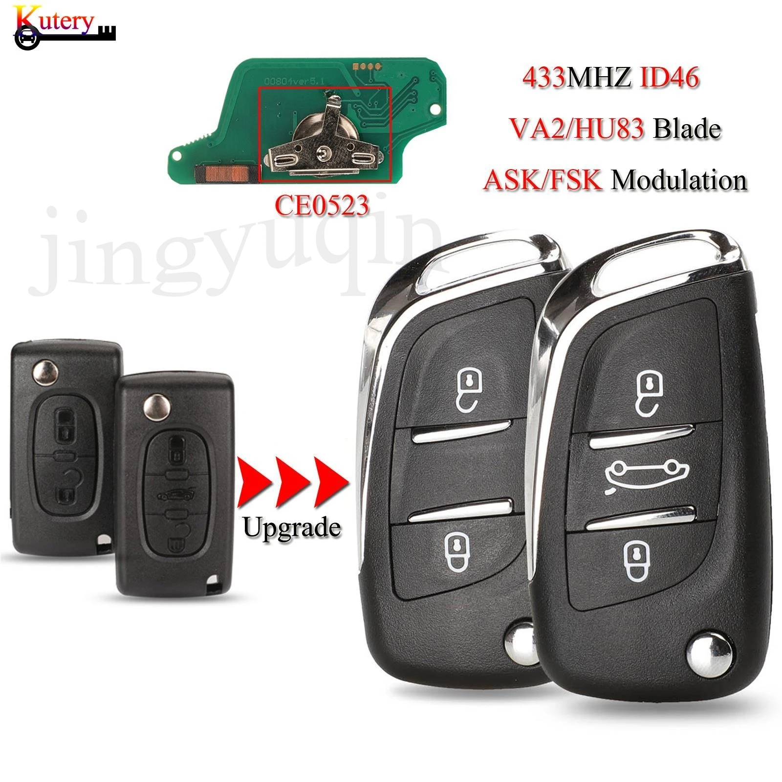 

jingyuqin CE0523 Upgrade Remote Car Key For Peugeot 306 407 807 Partner For Citroen C2 C3 C4 433Mhz ID46-PCF7941Chip HU83/VA2