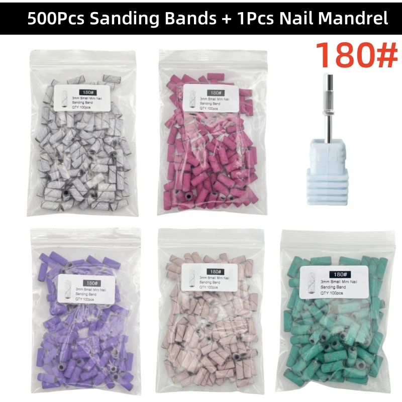 500 قطعة من أربطة صنفرة الأظافر + قطعة واحدة مغزل أظافر 180 # 3.0 مللي متر آلة كهربائية صغيرة مسمار لقمة ثقب مزيل طلاء الأظافر ملحق أداة الأظافر #3