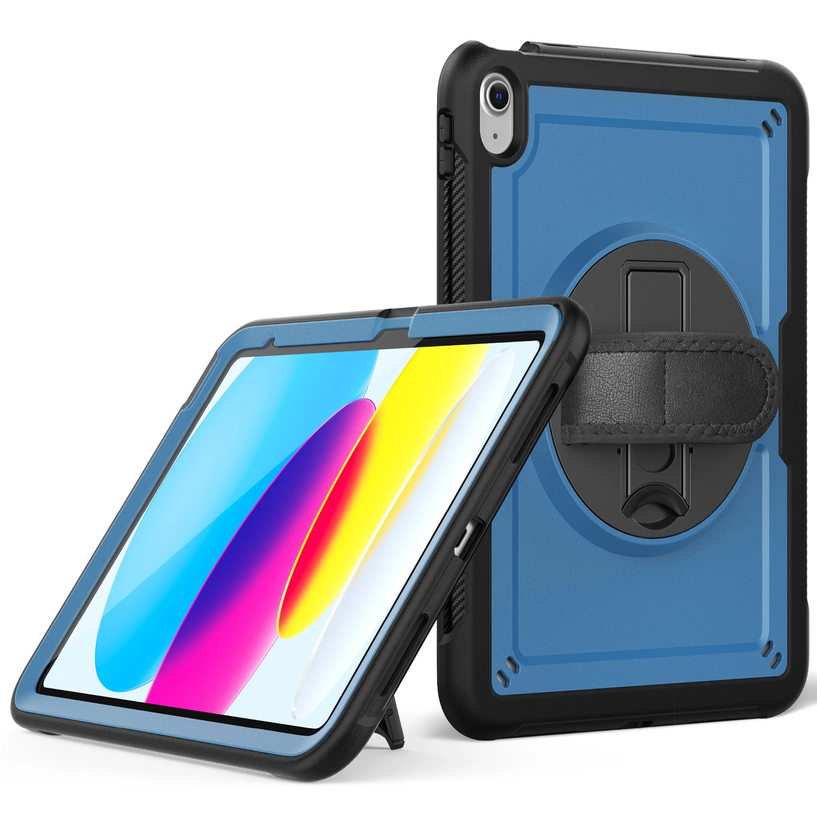 

For iPad (2025) / 10.9 (2022) Case Rotating Kickstand PC + TPE Shockproof Tablet Cover with Hand Strap - Navy Blue