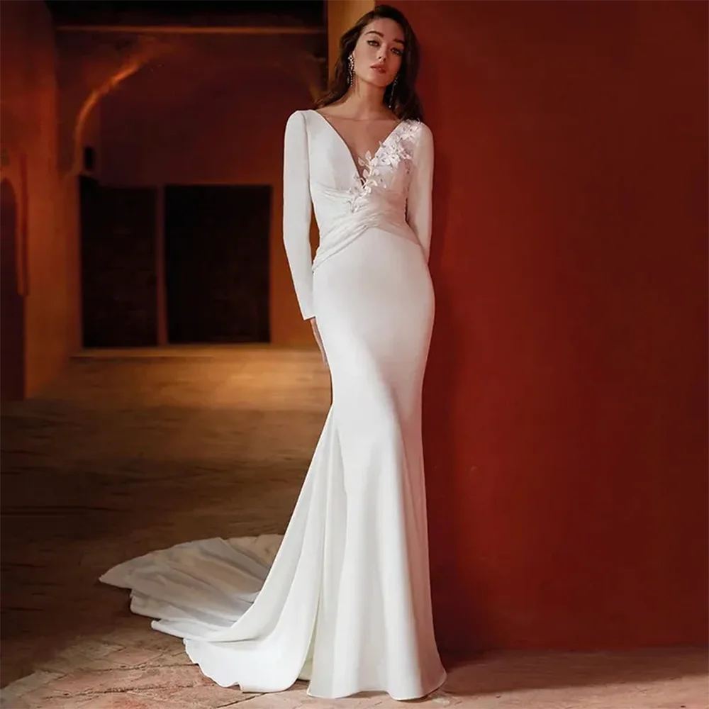 Customzied Boat Neck Full Sleeves Wedding Dresses Women's Ruffle Satin Mermaid Court Train Bridal Gown 2026 Latest Style
