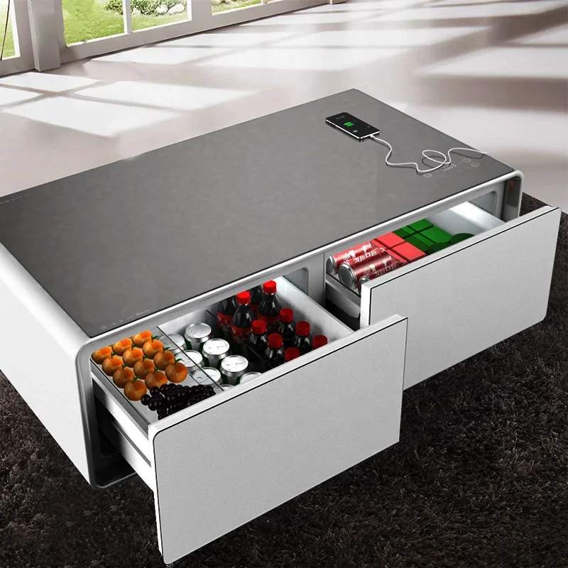 Smart coffee table mini refrigerator with built-in dual drawer storage cabinet and music speakers for wireless charging