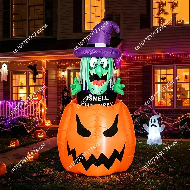 1.5M Inflatable Pumpkin Witch Lifting Air Model Outdoor Garden LED Luminous Decoration Creative Funny