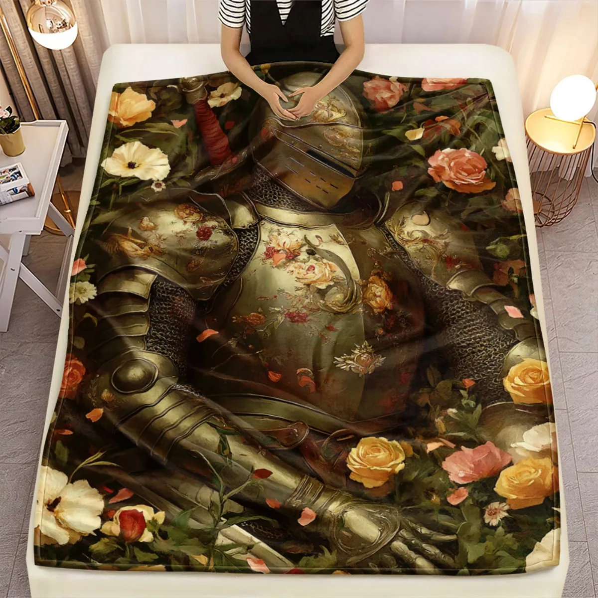 Knight Armor Roses Medieval Art Blanket Flannel Soft ThrowGothic Castle Decor Romantic Vintage Gift for History andFantasyLovers