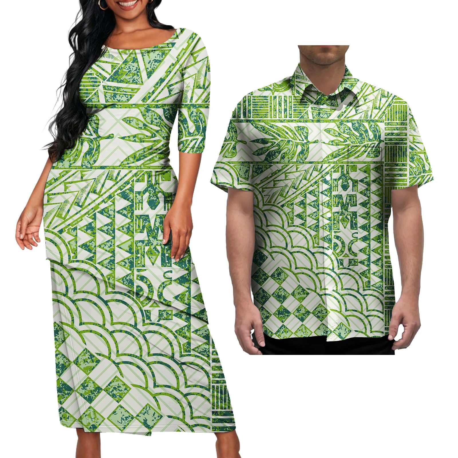 

Factory Outlet puletasi polynesian couple sets Elei Tribal Mens Shirts casual two piece set woman clothing Dress