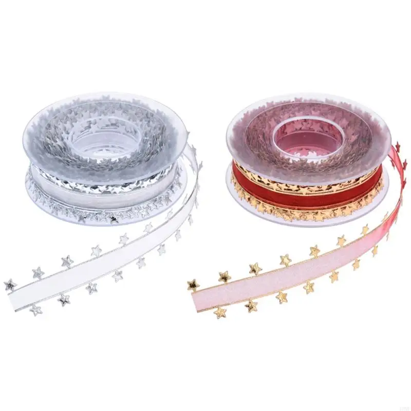 49MF Golden Silver Embossing Star Ribbon Gift Wrapping Christmas Ribbon Roll