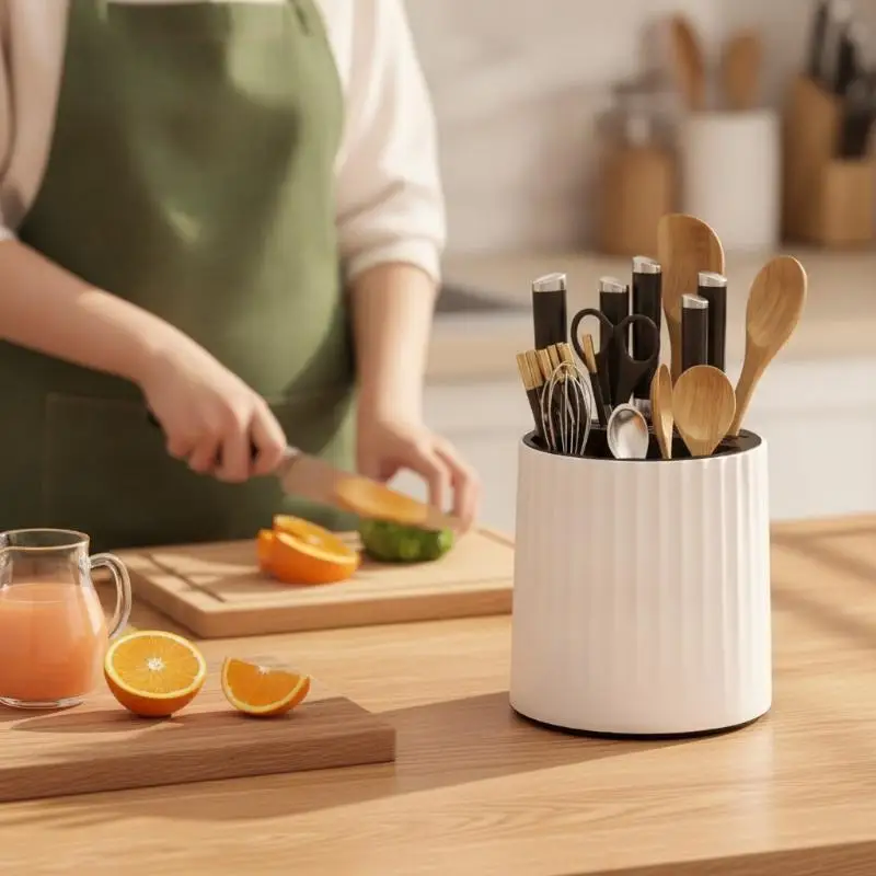 Anti-slip Bottom 360° Rotating Kitchen Knife Holder Cutlery Chopsticks Storage Rack for Kitchen Counter Use