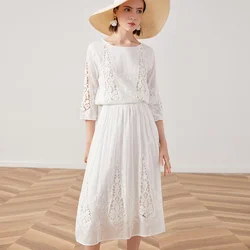 TEELYNN silk cotton lace dress white floral Embroidery party Robe 2024 vintage midi Autumn dresses brand long women Vestiods